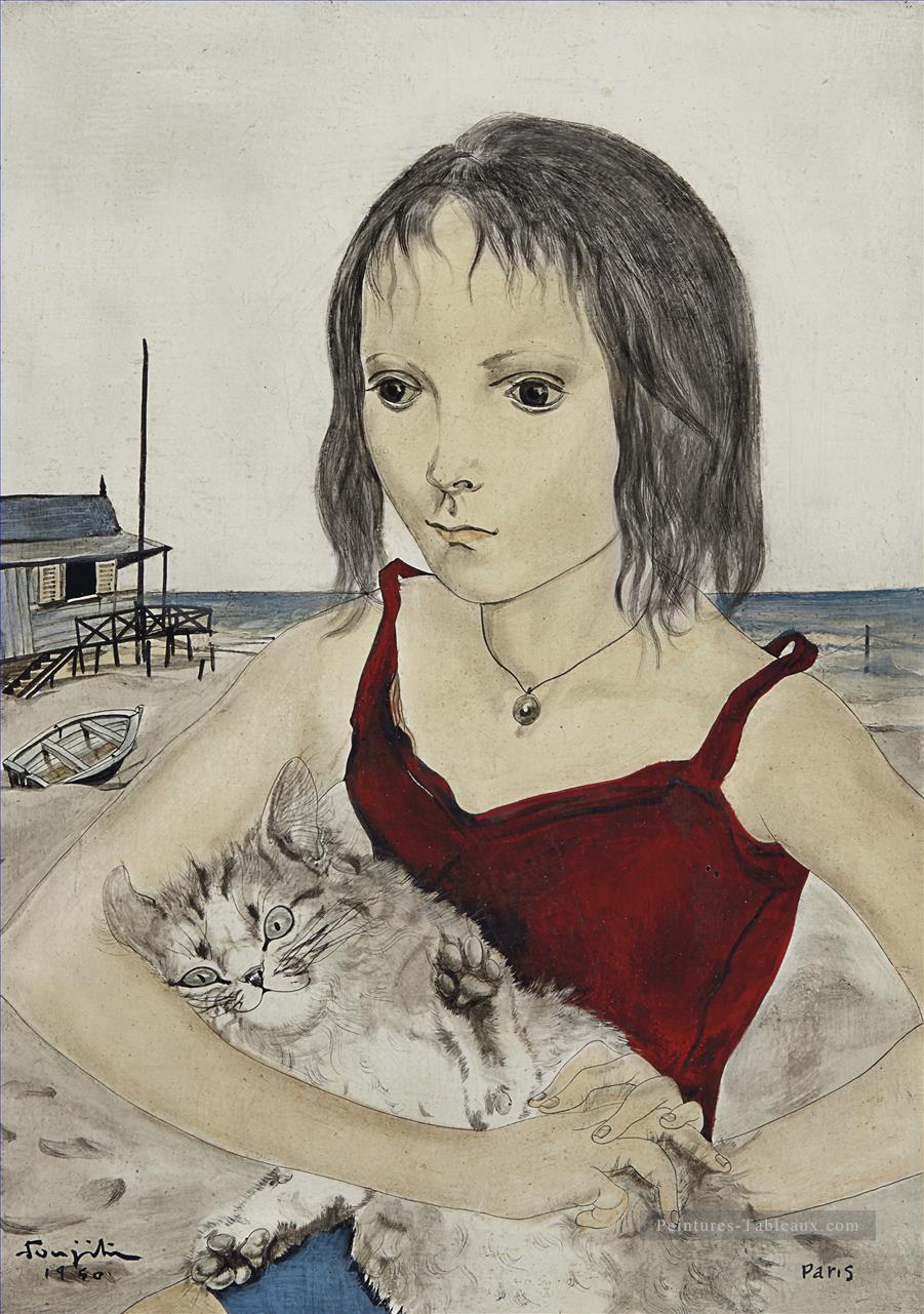 Jeune fille avec son chat sur la plage japonais Peintures à l'huile